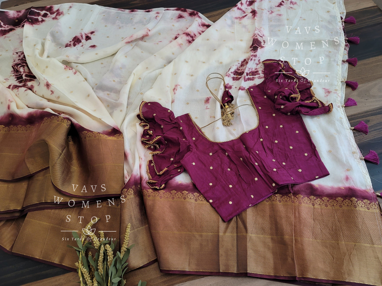 Shibori Print Jute Silk Saree - Ruffle Sleeves Blouse