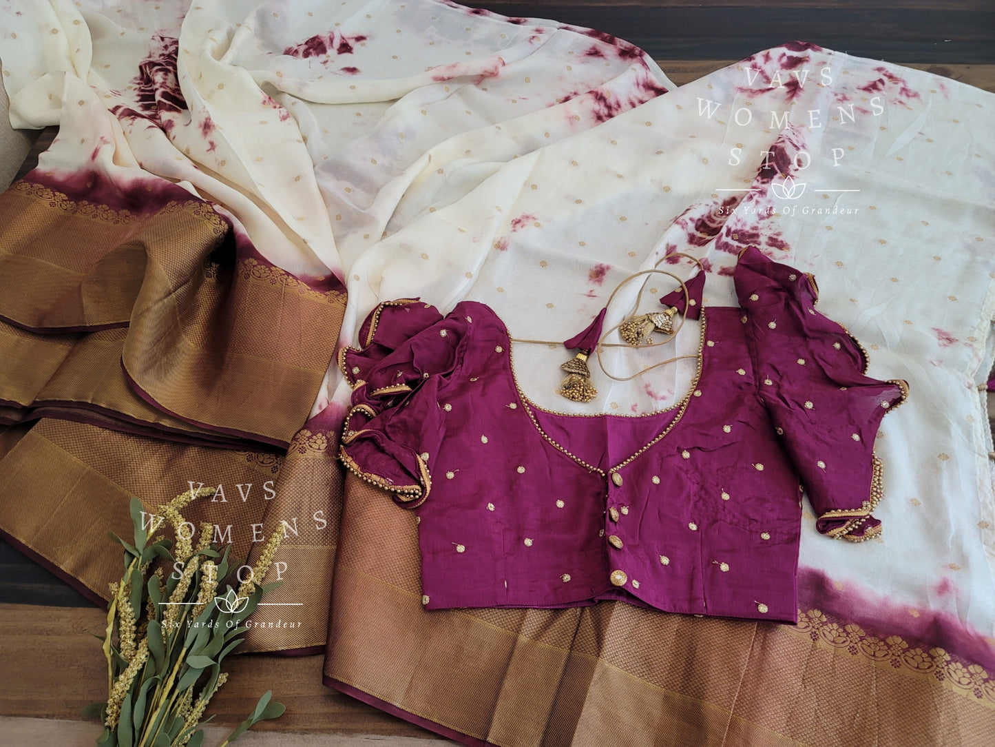 Shibori Print Jute Silk Saree - Ruffle Sleeves Blouse