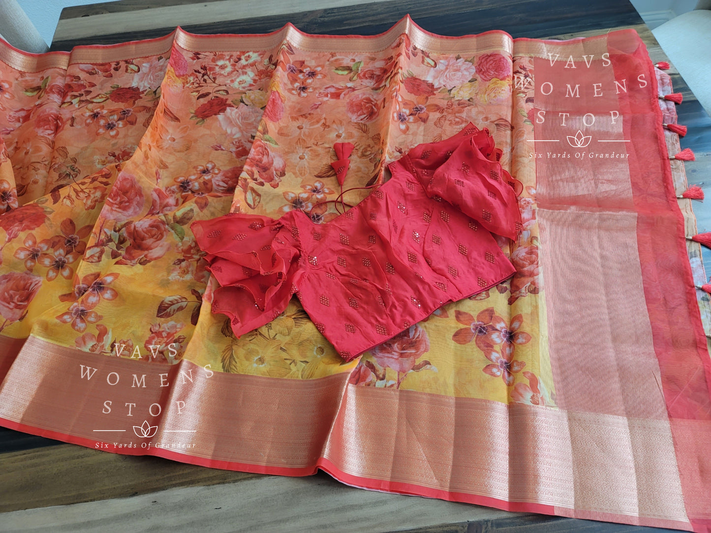Fancy Semi Organza Silk Saree - Ruffle Sleeves Blouse