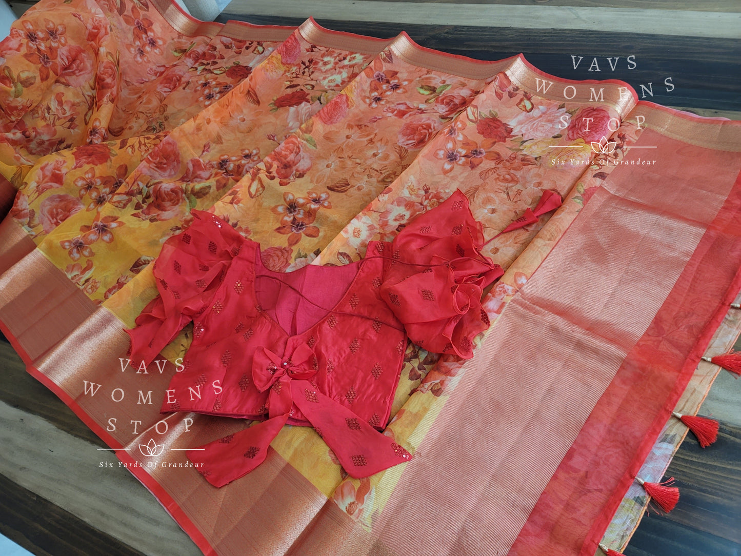 Fancy Semi Organza Silk Saree - Ruffle Sleeves Blouse