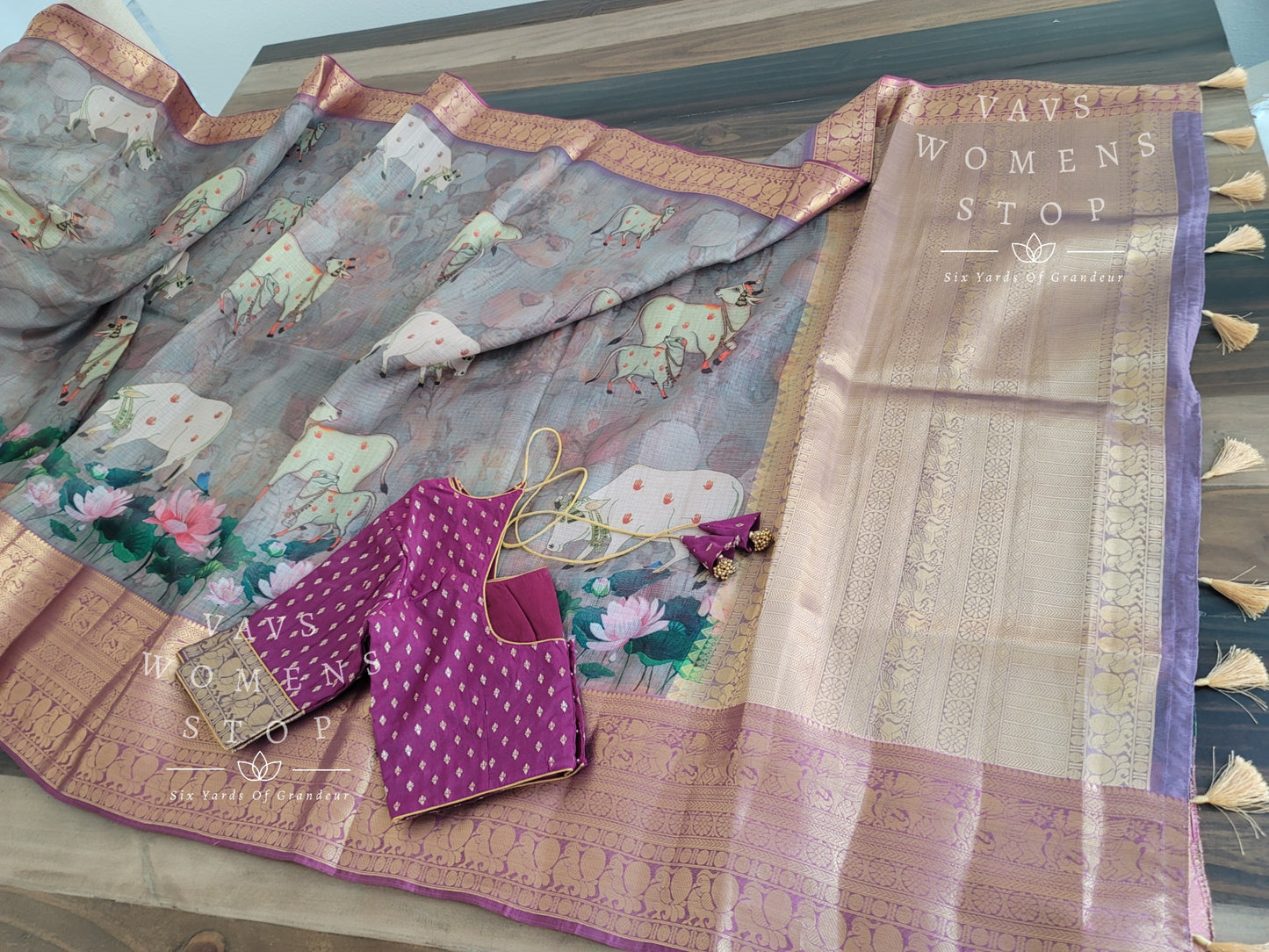 Fine Quality Kota Silk Kanchi Border Pichwai Prints Saree - Blouse