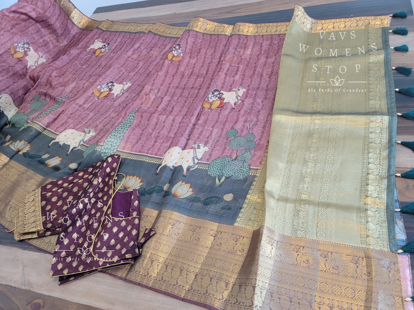 Fine Quality Kota Silk Kanchi Border Pichwai Prints Saree - Blouse