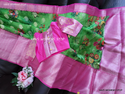 Fancy Floral Prints Soft Warm Organza Silk Saree - Blouse