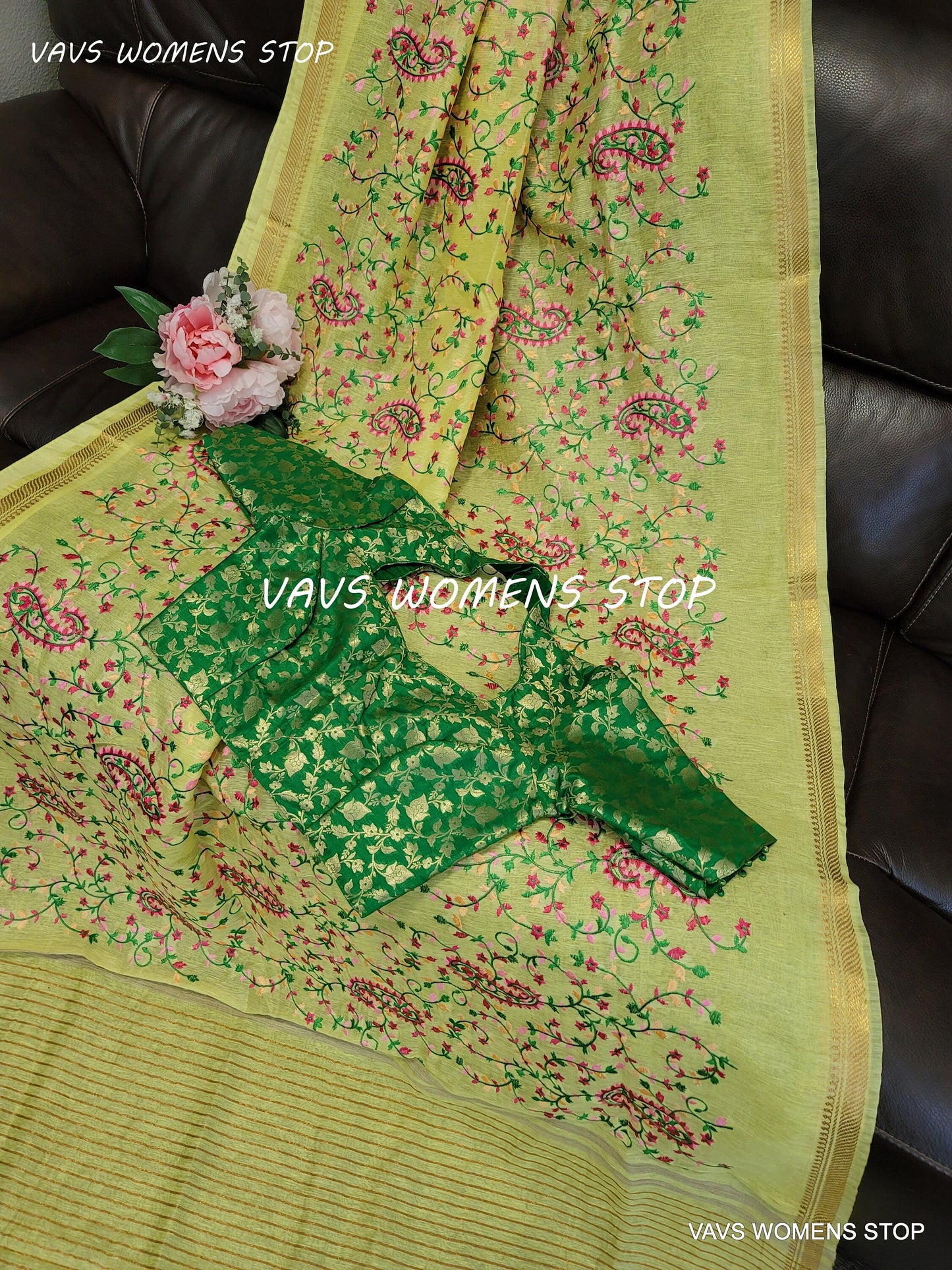 Linen Silk Embroidery Saree with Benarasi Blouse