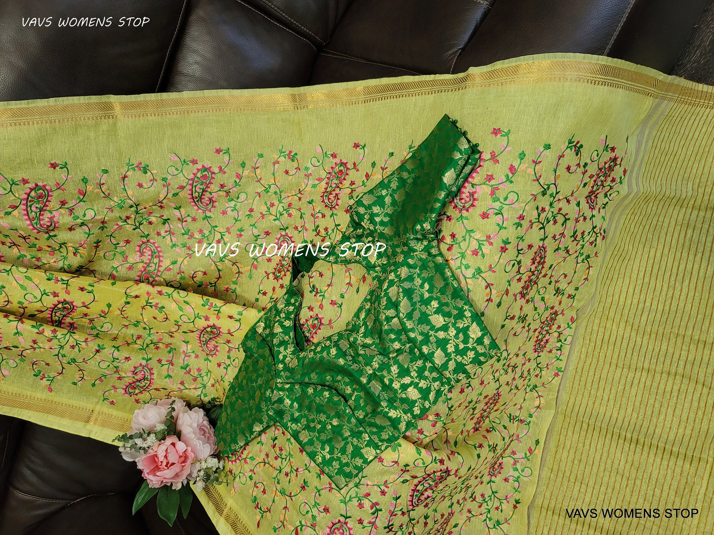 Linen Silk Embroidery Saree with Benarasi Blouse
