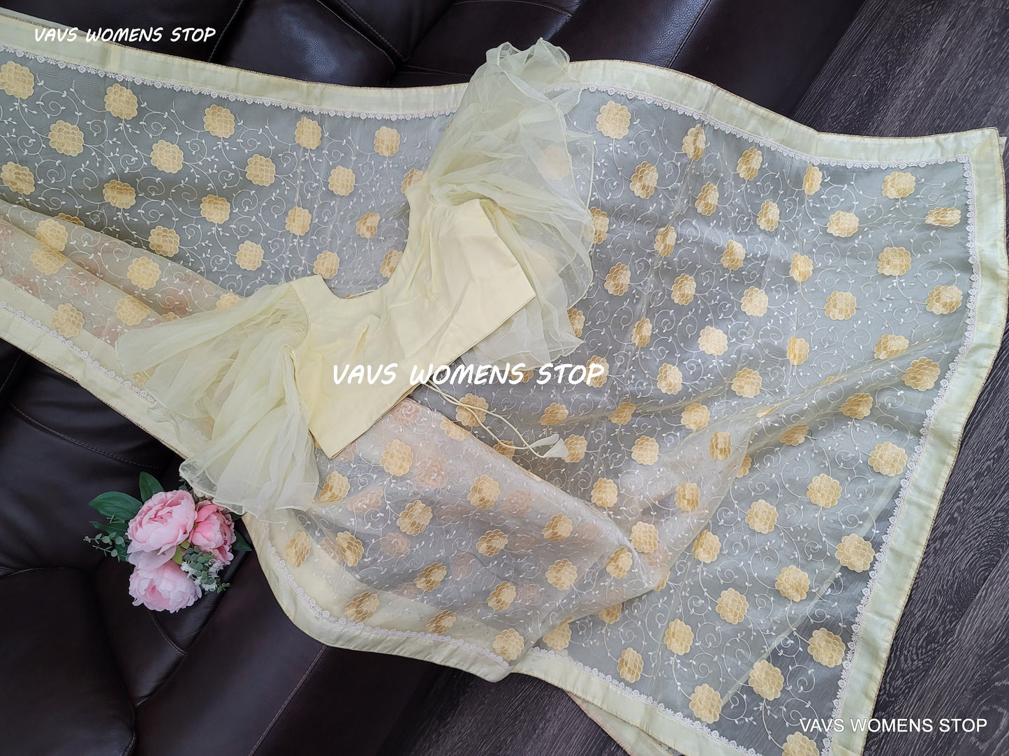 Lemon Yellow Shade Embroidered Organza Saree with Ruffle Sleeves Blouse